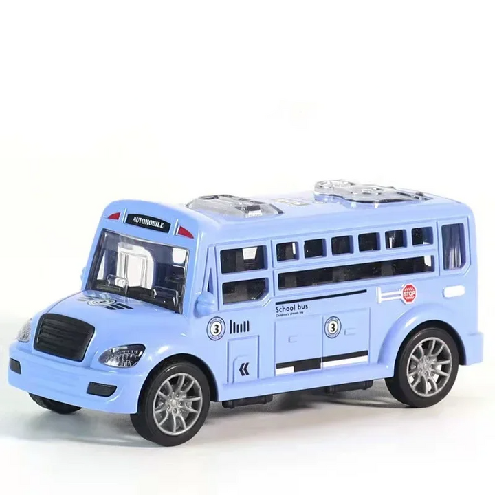 Pastel blue toy bus with black window trim and silver-colored wheels
