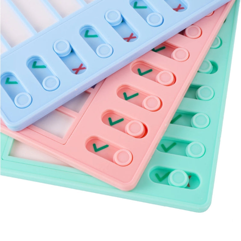 Close-up of blue, pink, and green task boards with sliding checkmark and cross indicators.