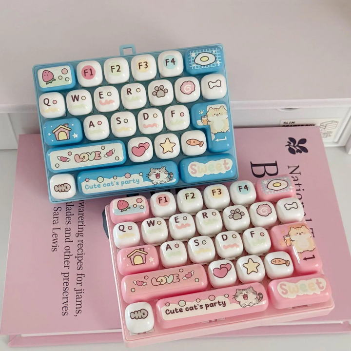 Light blue and light pink fidget keyboards arranged on books