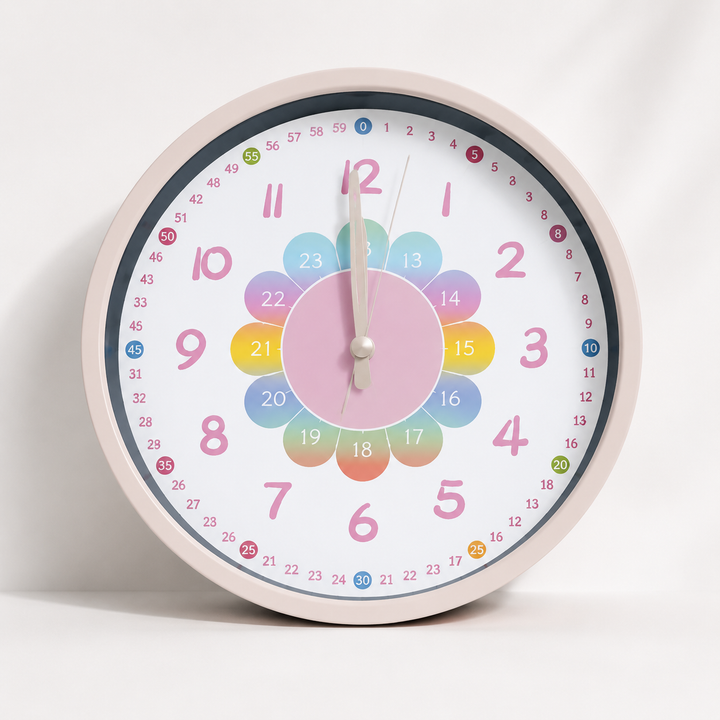 Flower-style learning wall clock with pink hour numbers and a pastel 24-hour petal dial