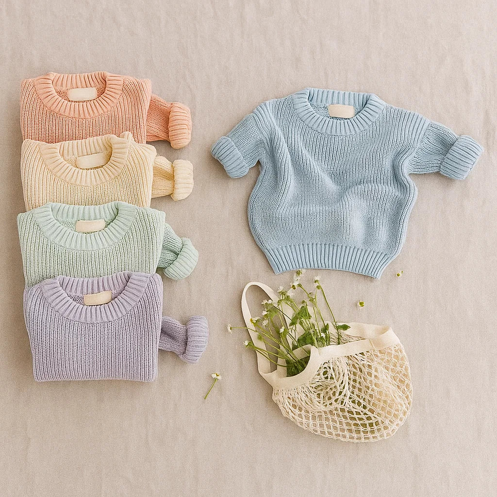 Five pastel knit sweaters arranged on a neutral background, with the blue sweater laid flat.