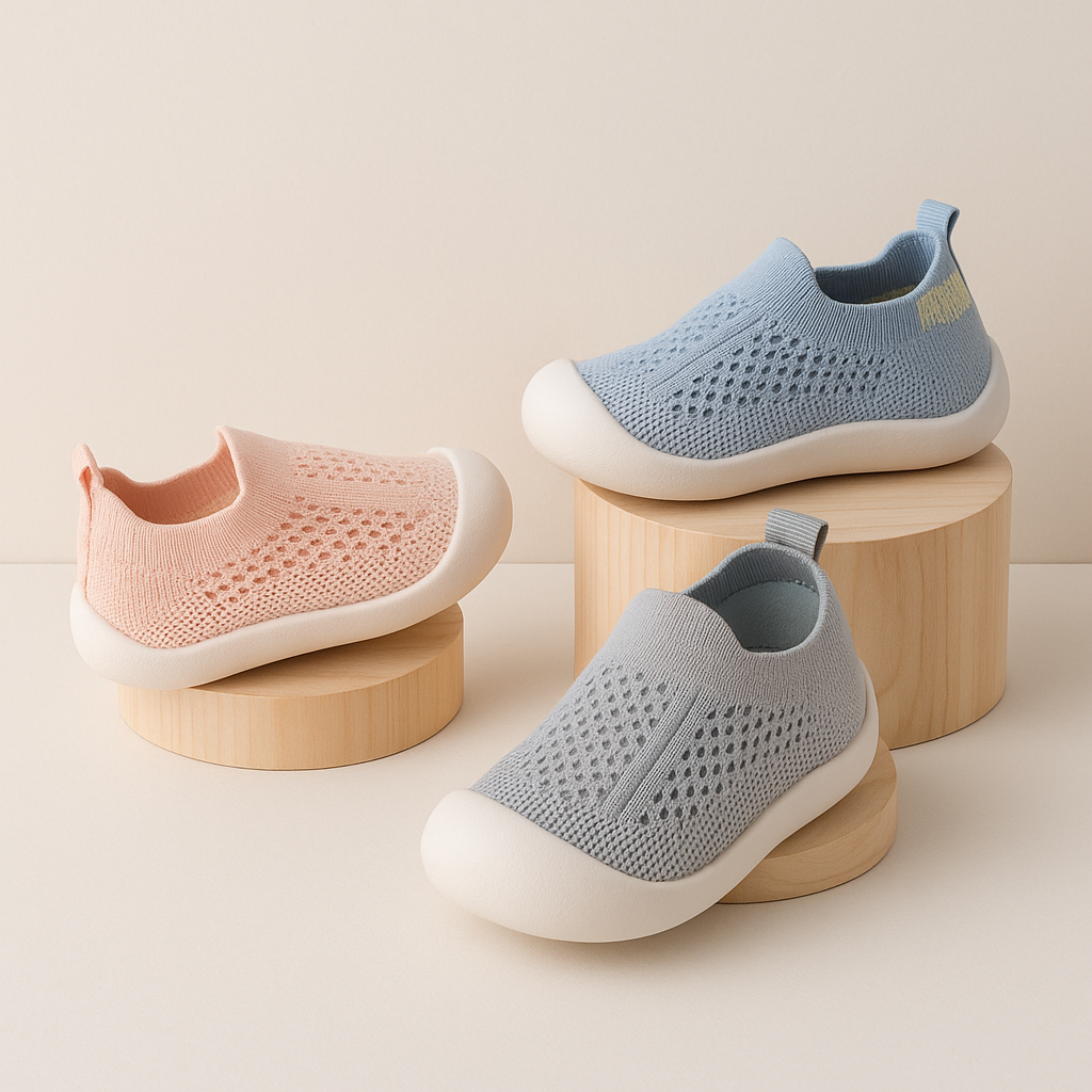 Pink, blue and gray slip-on mesh sneakers displayed on round wooden stands.