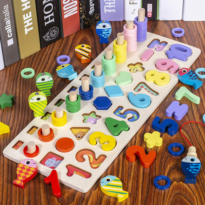 Pastel wooden activity board with loose rings, numbers, shapes, fish, and a fishing rod