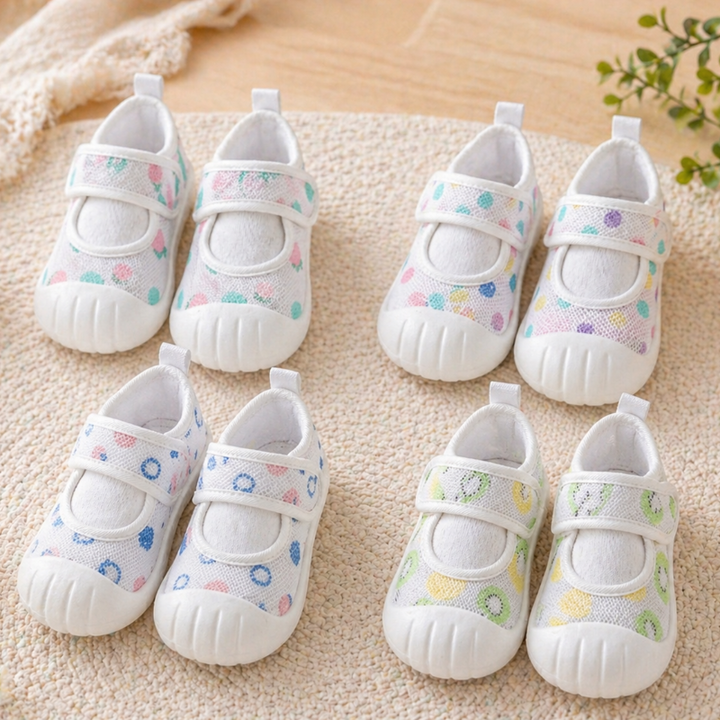 Four pairs of pastel-patterned baby strap shoes with open insteps and white toe caps.