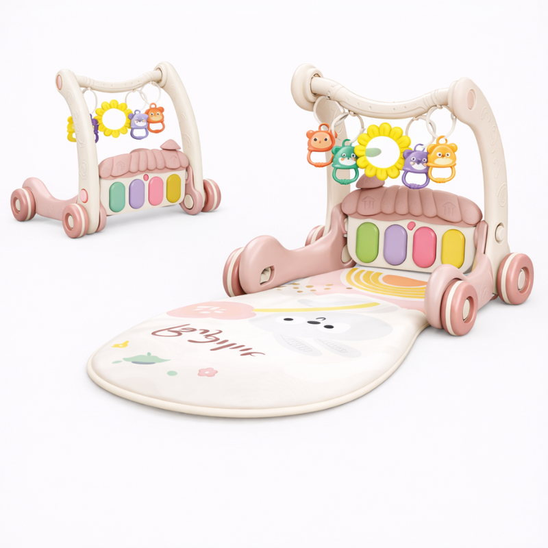 Pastel pink musical gym and upright walker with colorful piano keys, hanging toys, and a printed mat