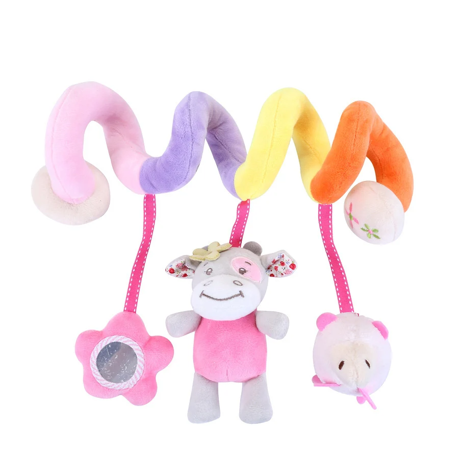 Pastel spiral activity toy with a hanging pink cow, flower-shaped mirror, and round animal face.