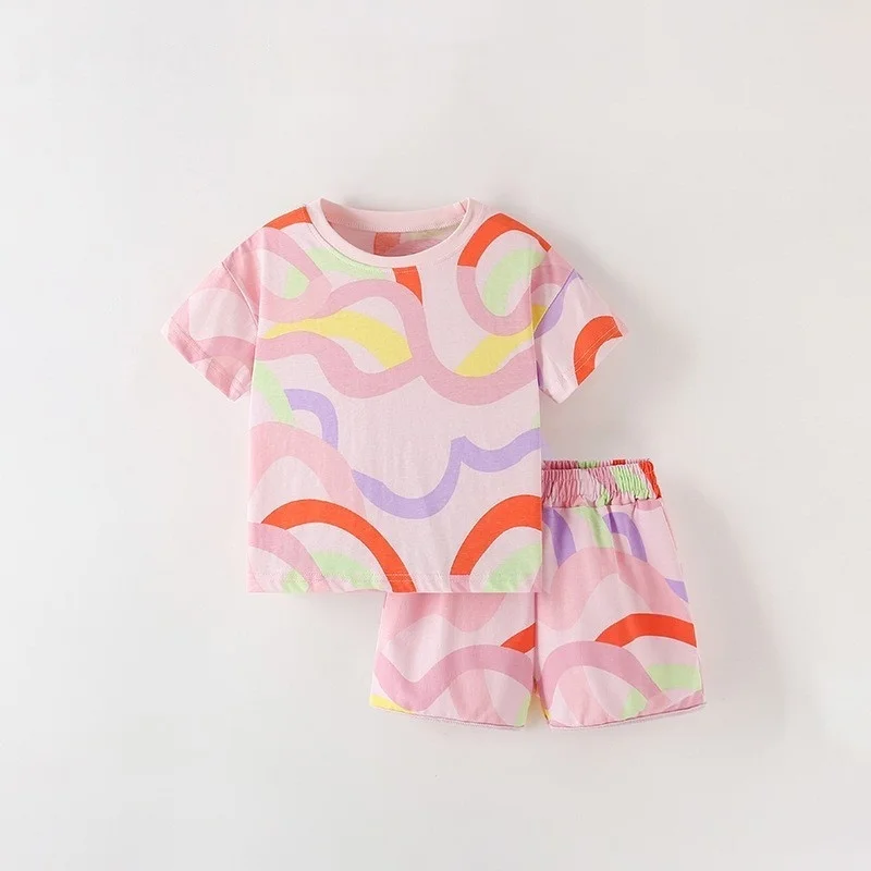 Pink pastel swirl-print T-shirt and matching shorts displayed together