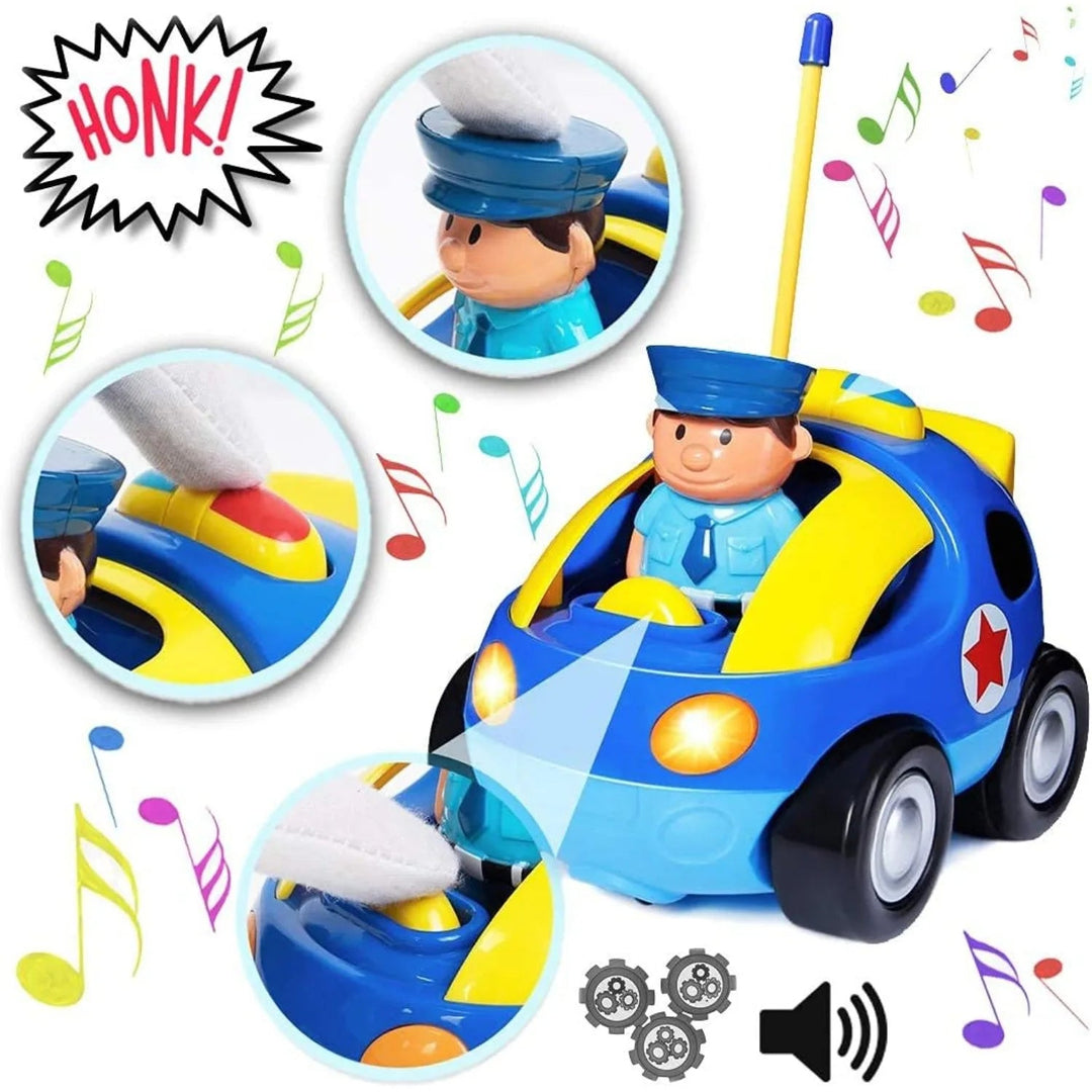 Police car detail views showing the officer figure, buttons, headlights, and sound features