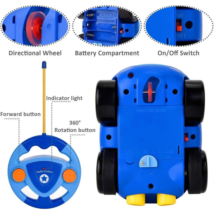 Underside of the police car with battery compartment, on/off switch, and remote controls