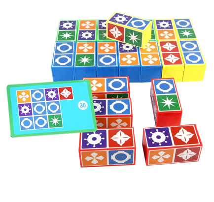 Multicolored symbol blocks beside a green-bordered pattern card