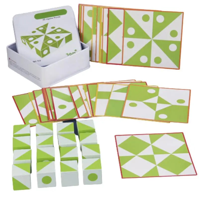 Green and white wooden puzzle blocks with pattern cards and a storage box