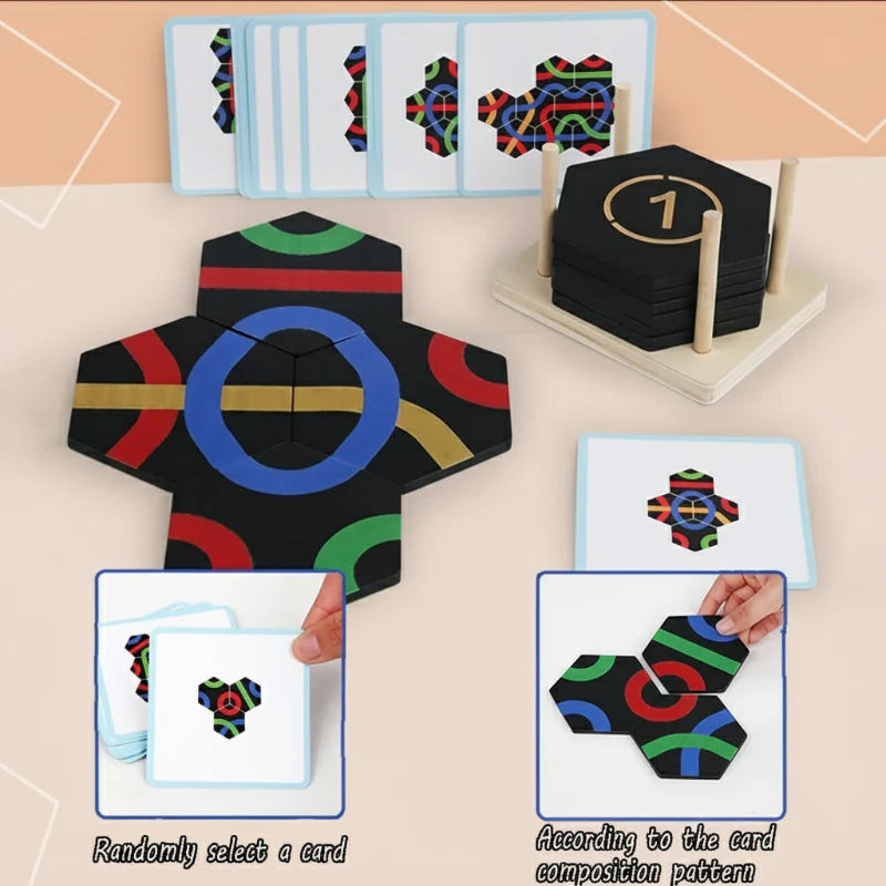 Colorful tile pattern with challenge cards and examples of selecting and matching a design