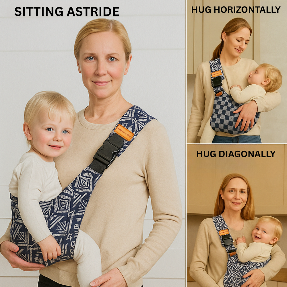 Collage of an adult holding a child in blue geometric and checkered hip carriers