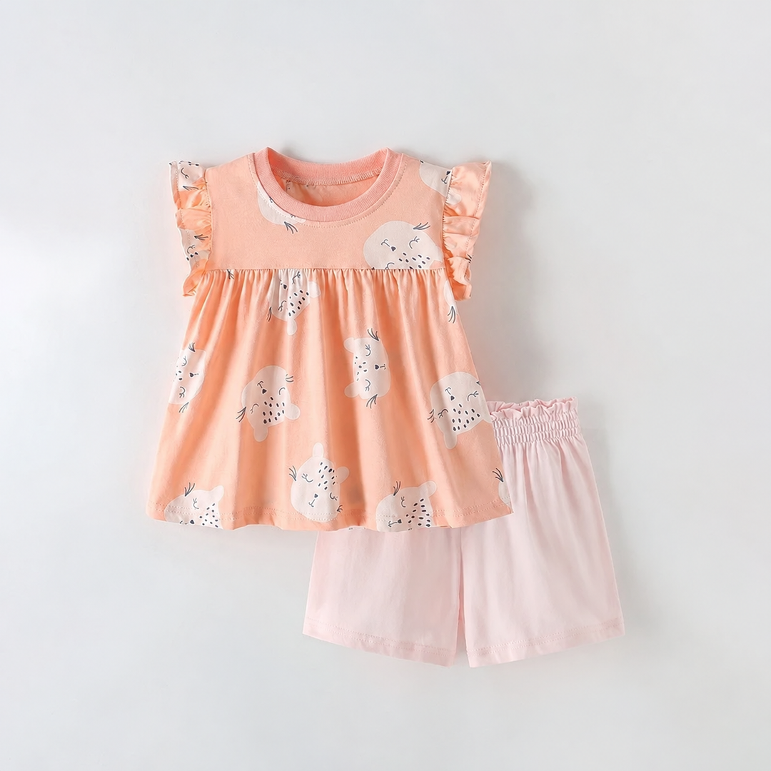 Peach cat-print flutter-sleeve top with light pink shorts