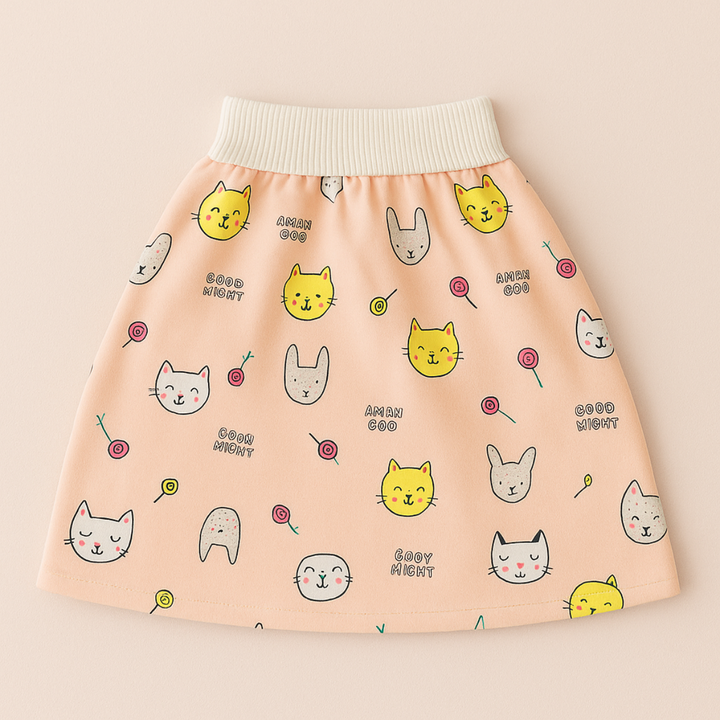 Peach kitten-print training skirt with a white ribbed waistband