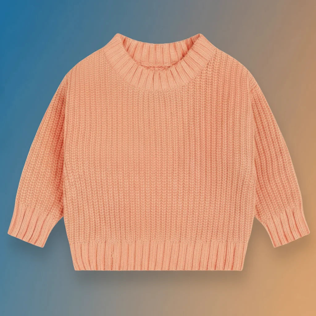 Peach-orange knit sweater with a round neckline, long sleeves, and ribbed trim.