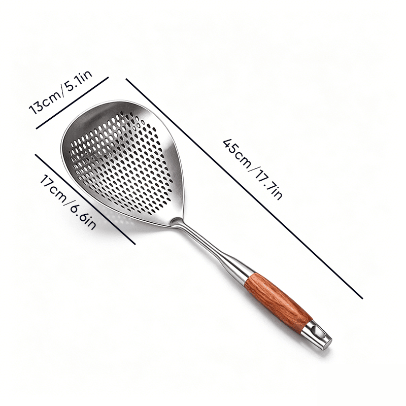 Pear Wood Handle Stainless Steel Skimmer Product Image 01
