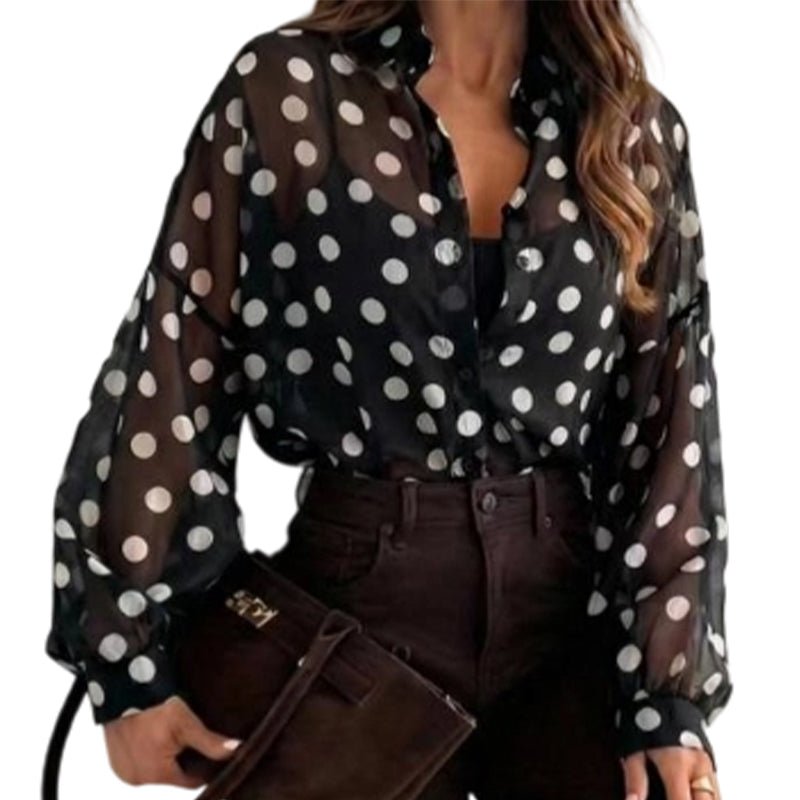 Pearl Dot Button Down Blouse Lightweight Relaxed Fit Product Image 01