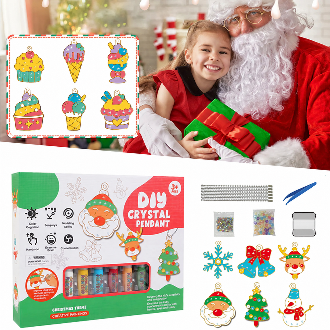 Holiday gift collage with a Christmas pendant kit, a girl with Santa and ice cream pendant designs
