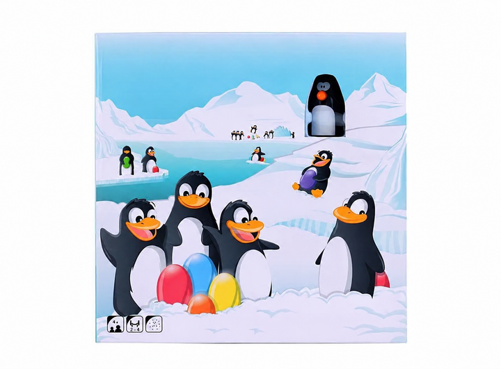 Penguin memory game box with icy scenery and colorful egg artwork