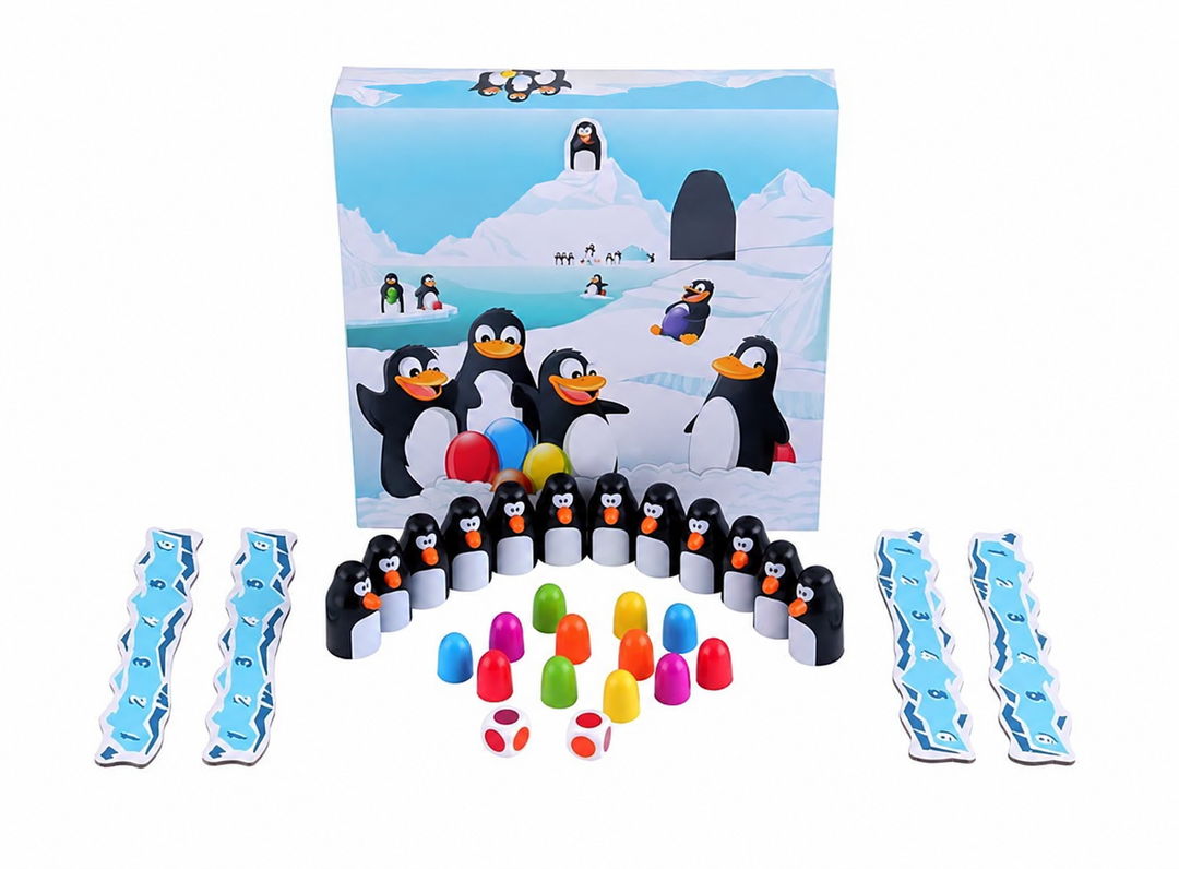 Penguin memory game set with box, penguin pieces, colored eggs, dice, and four ice-themed boards