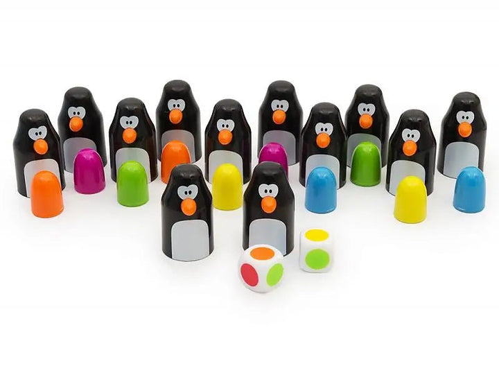 Penguin memory game pieces with colorful eggs and two color-dot dice