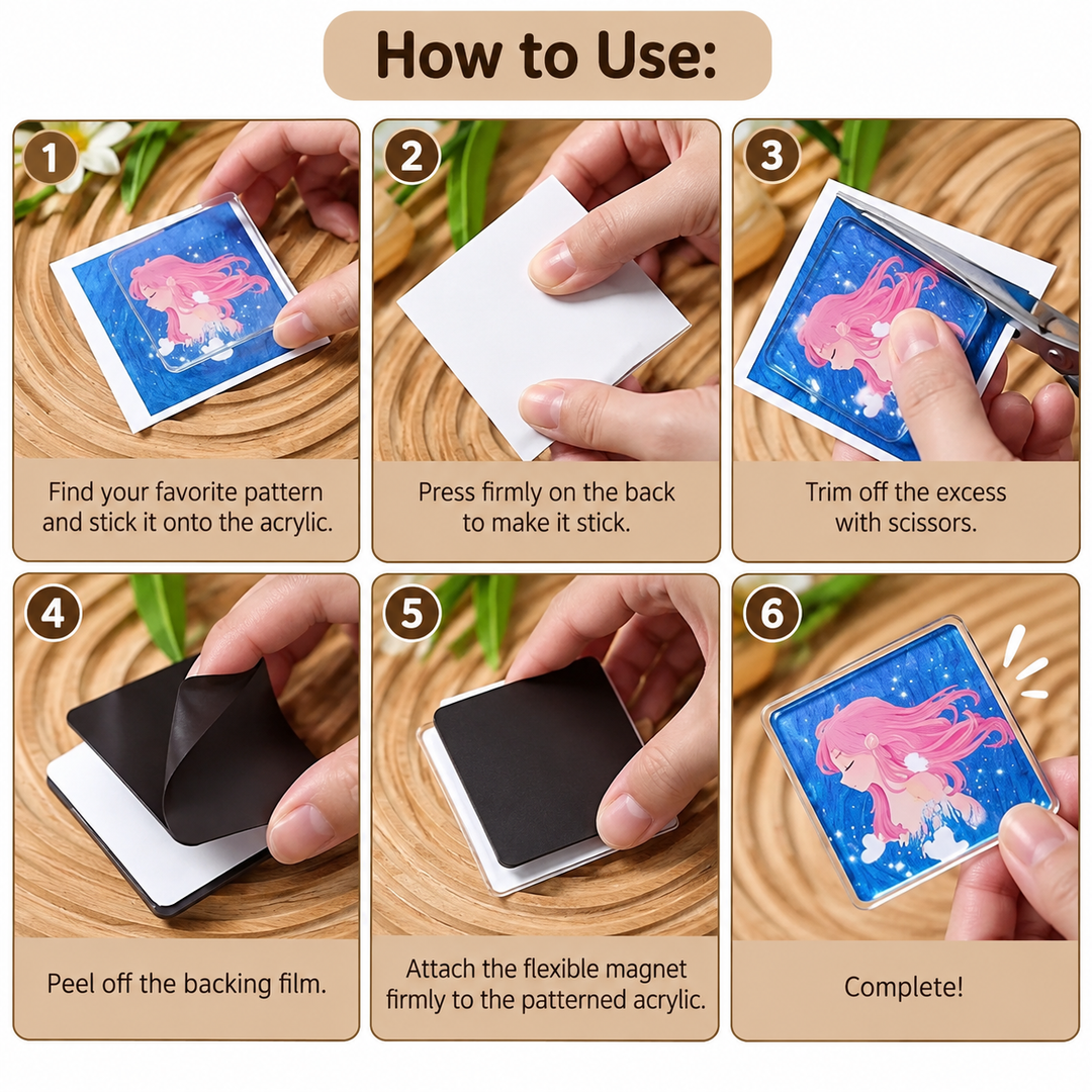 Six-step guide to fitting a picture, trimming it and attaching the magnetic backing.