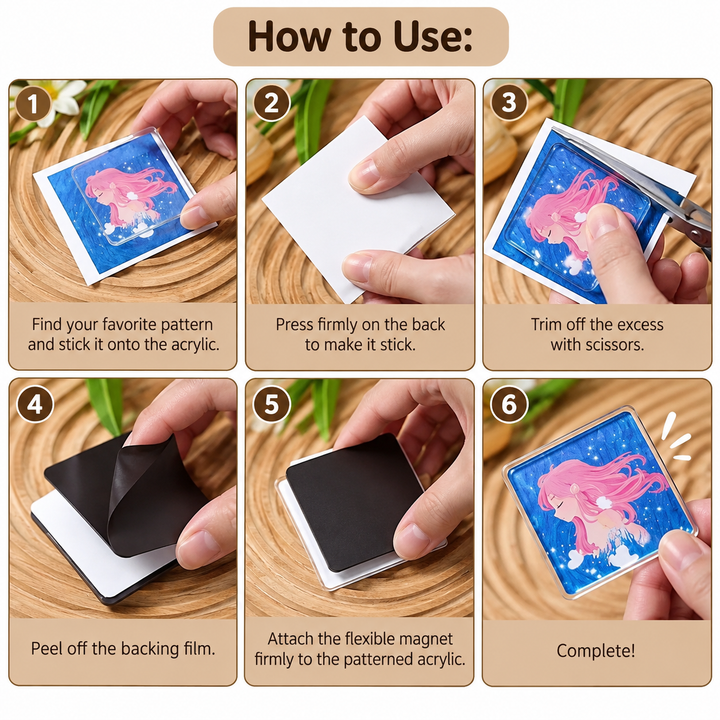 Six-step guide to fitting a picture, trimming it and attaching the magnetic backing.