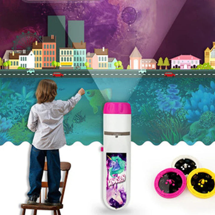 Unicorn projection flashlight and slide discs beside a child in an illustrated projection scene