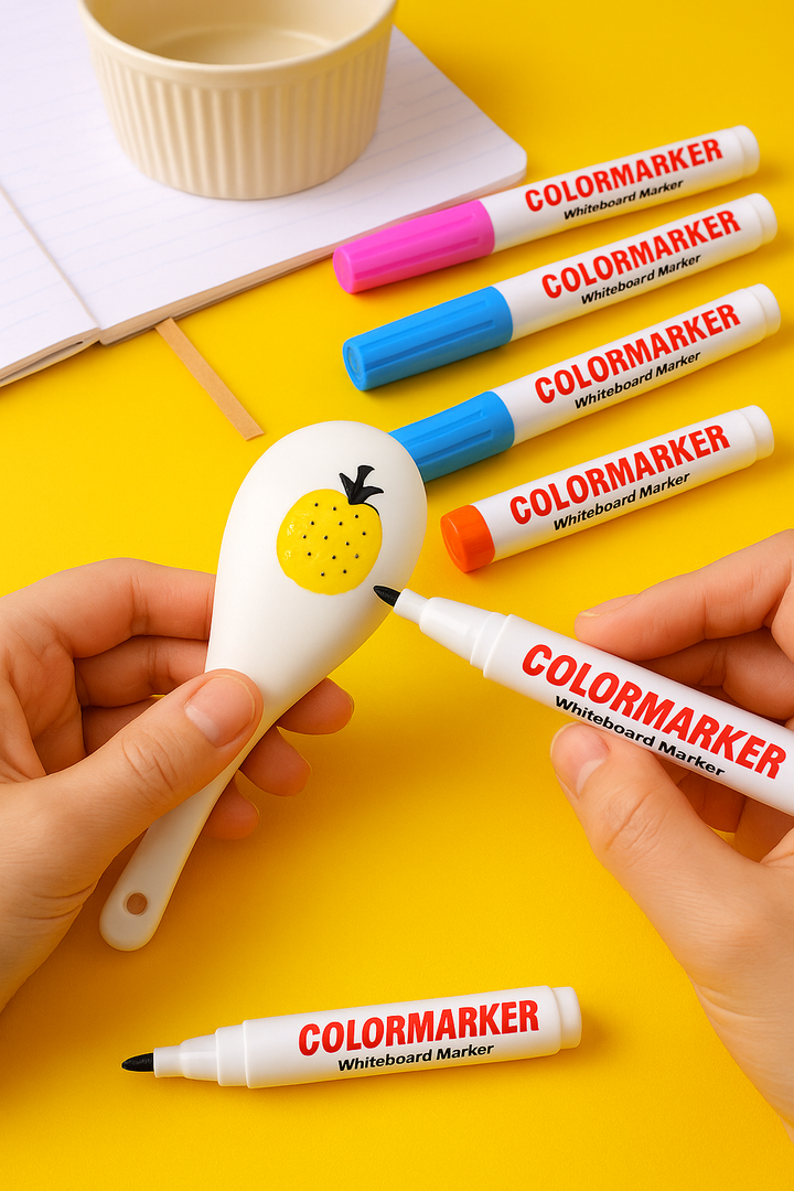 Hand drawing a yellow pineapple on a ceramic spoon with a colored pen