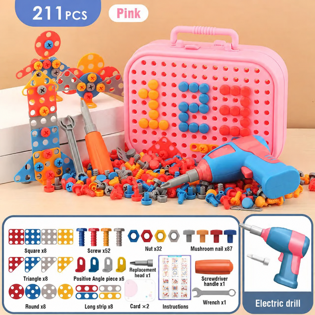 Pink 211-piece construction set with toy drill, standing figures, screws, and parts chart