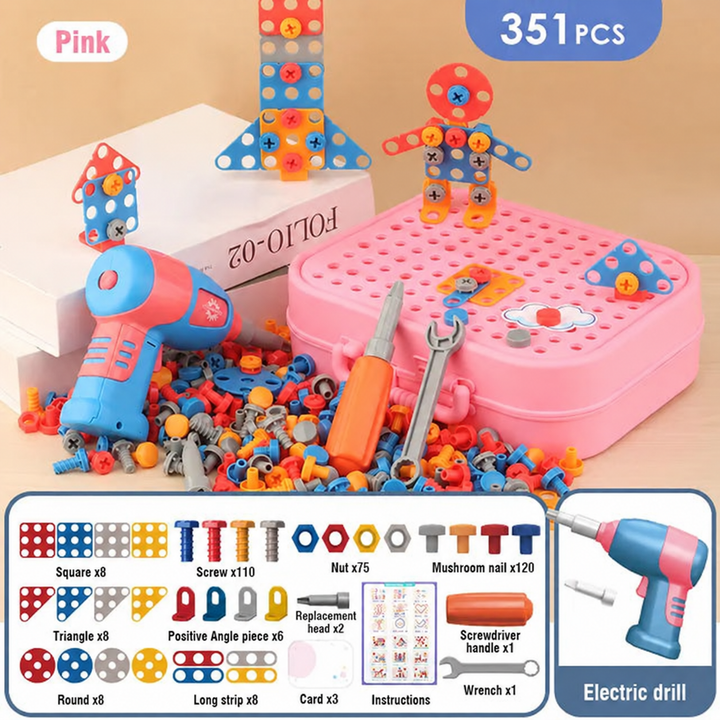 Pink 351-piece construction set with flower and figure builds, toy drill, tools, and loose pieces