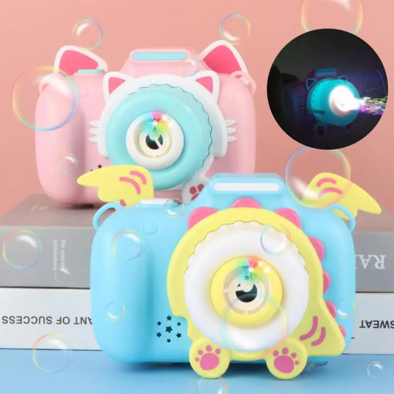 Pink cat and blue winged bubble cameras with an inset showing the illuminated bubble outlet.