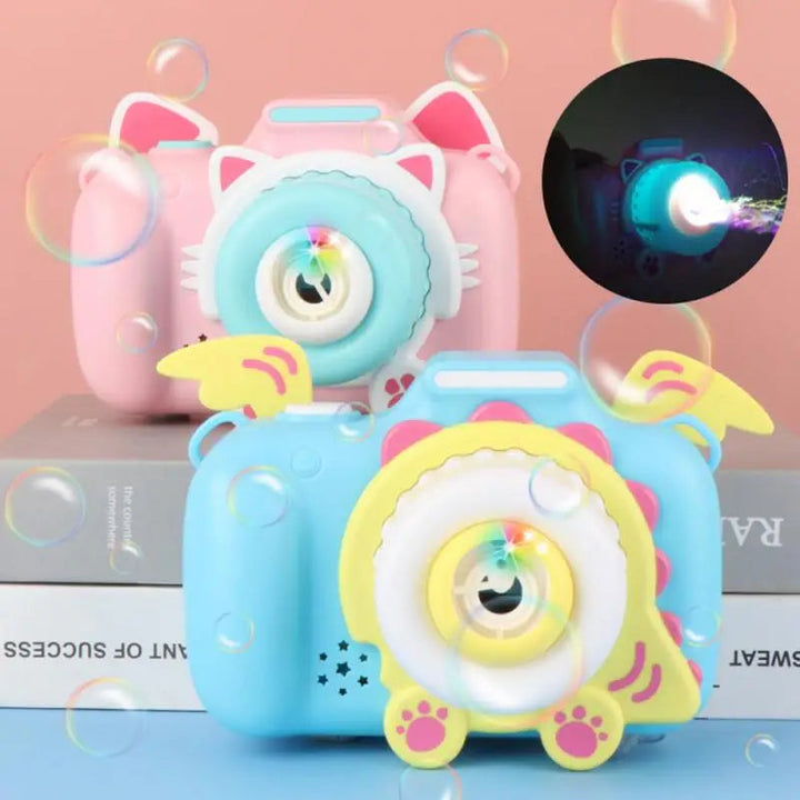 Pink cat and blue winged bubble cameras with an inset showing the illuminated bubble outlet.