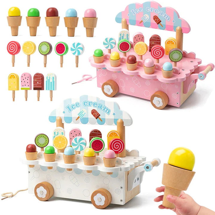 Pink and white wooden ice cream carts with pretend cones, ice pops, and lollipops