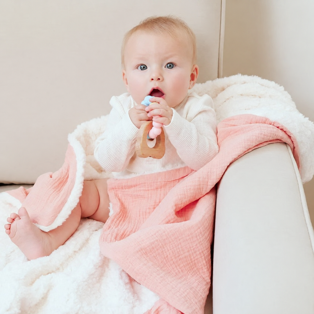 Baby seated with a pink blanket and fluffy white backing draped over an armchair