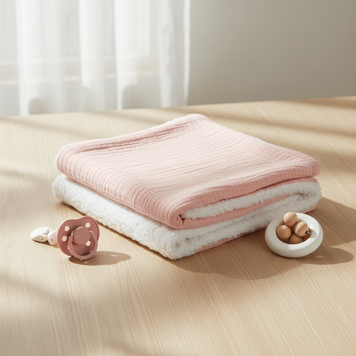Folded pink baby blanket with textured fabric and white sherpa backing