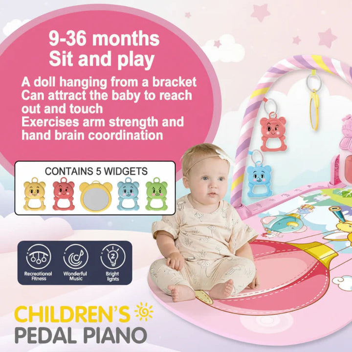 Baby sitting on a pink play mat in a graphic labeled for 9-36 months