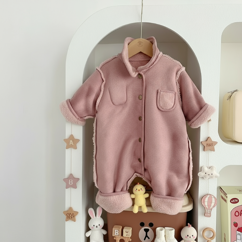 Pink collared baby romper with a chest pocket, front snaps, and folded cuffs