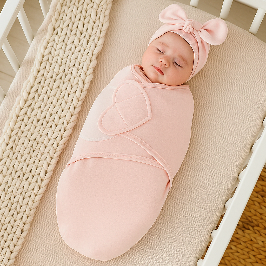 Overhead view of a baby wearing a pink swaddle and bow hat beside a knitted blanket