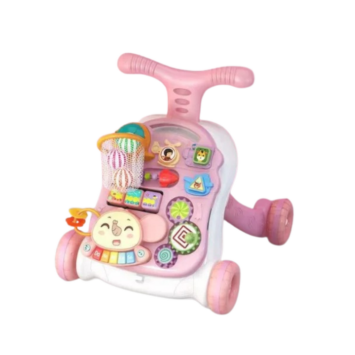 Pink baby walker with a colorful front activity panel and mini basketball hoop.