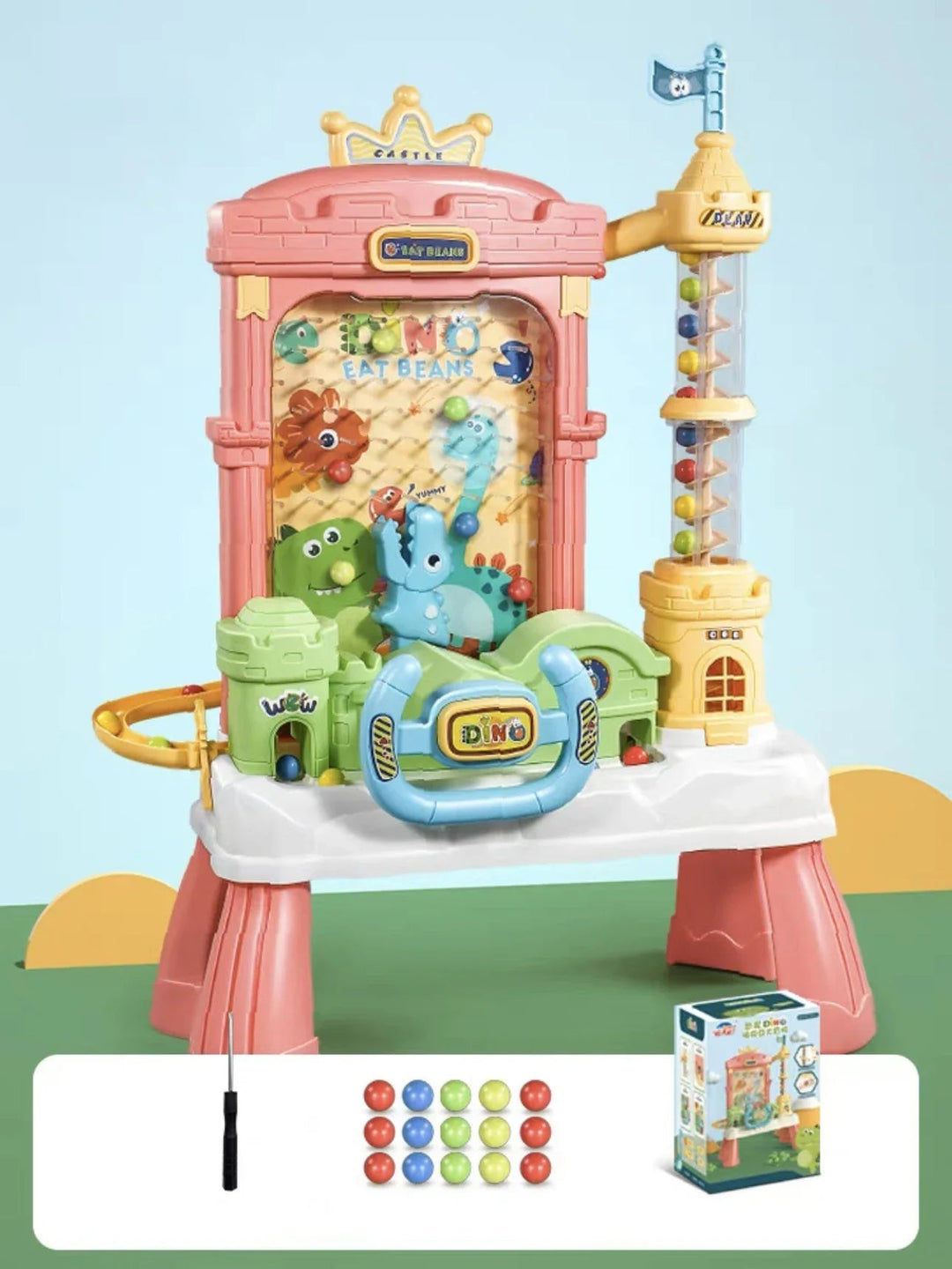 Pink electric ball catcher displayed with colorful balls, a screwdriver and its box.