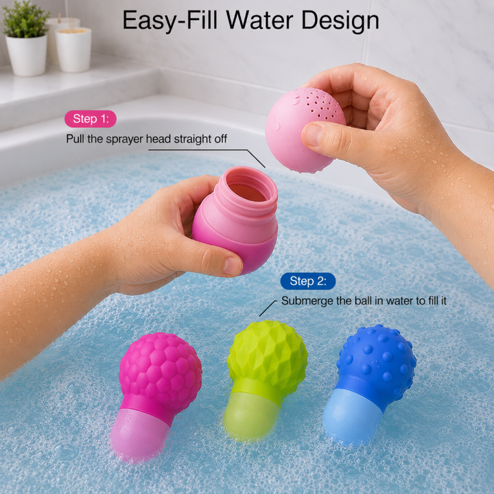 Pink silicone bath squirter with its spray head removed for filling