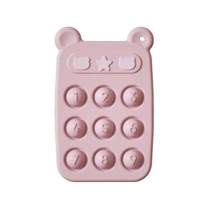 Pink silicone teething phone with nine numbered buttons and bear-ear corners