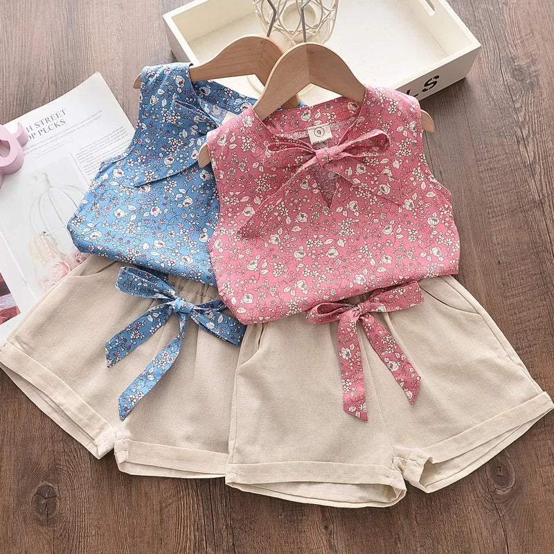 Pink and blue floral two-piece girls&