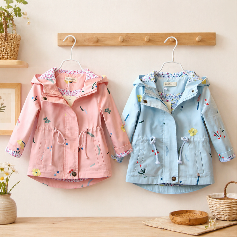 Pink and blue girls' hooded windbreaker jackets hanging side by side, with floral linings and drawstring waists