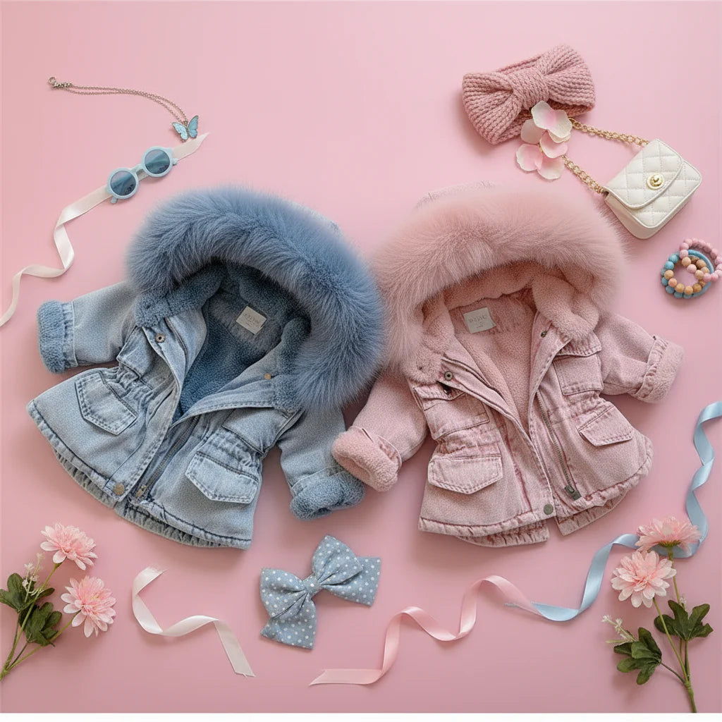Pink and blue hooded winter coats arranged side by side on a pink background