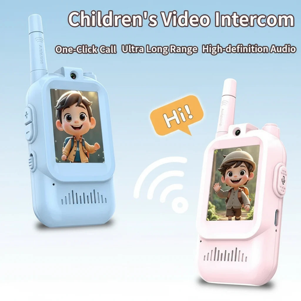 Pink and blue video intercoms with cartoon characters on the screens