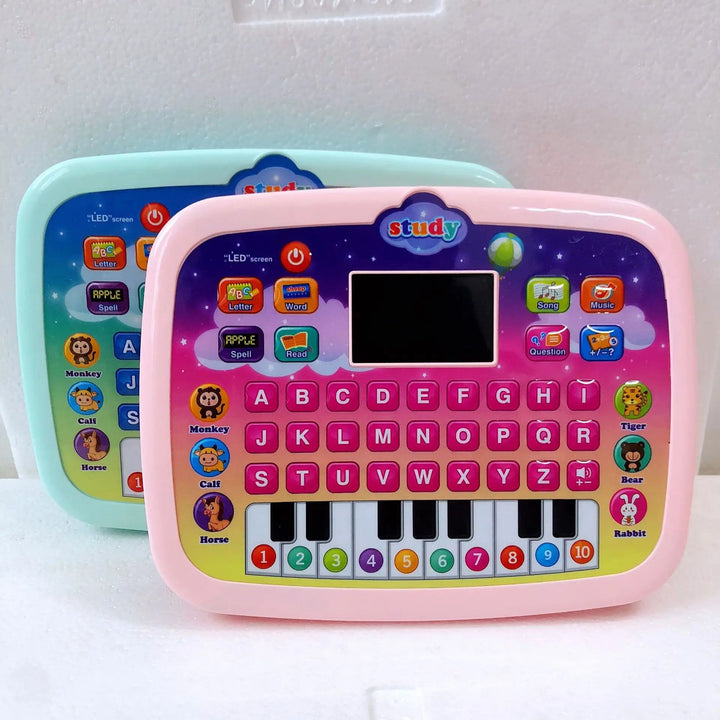 Pink and blue learning toy tablets with alphabet buttons, animal pictures, and numbered piano-style keys