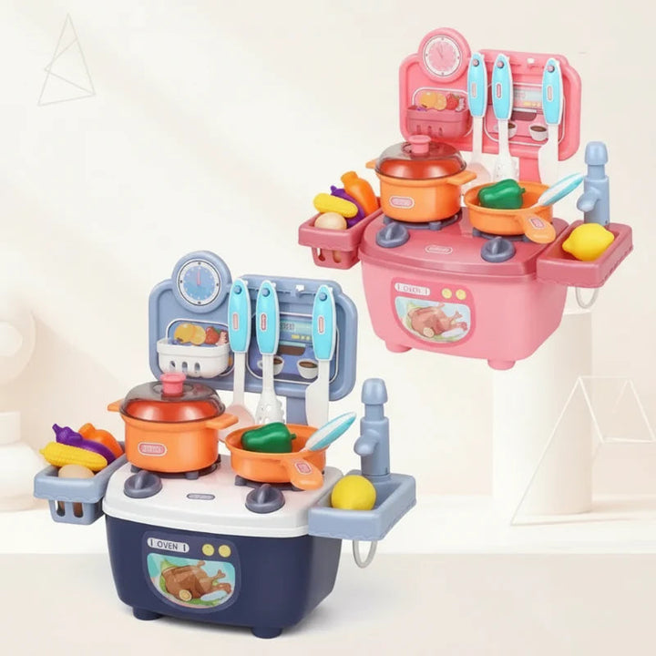 Pink and blue pretend kitchen sets with cookware, hanging utensils, play vegetables, and side sinks